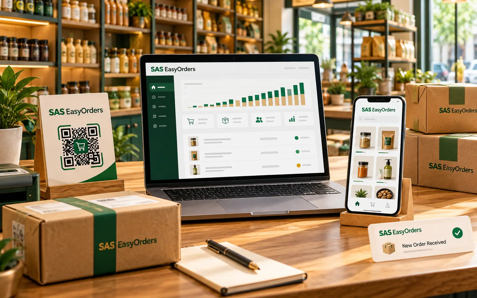 SAS EasyOrders digital store, merchant dashboard, shop QR and customer storefront working together