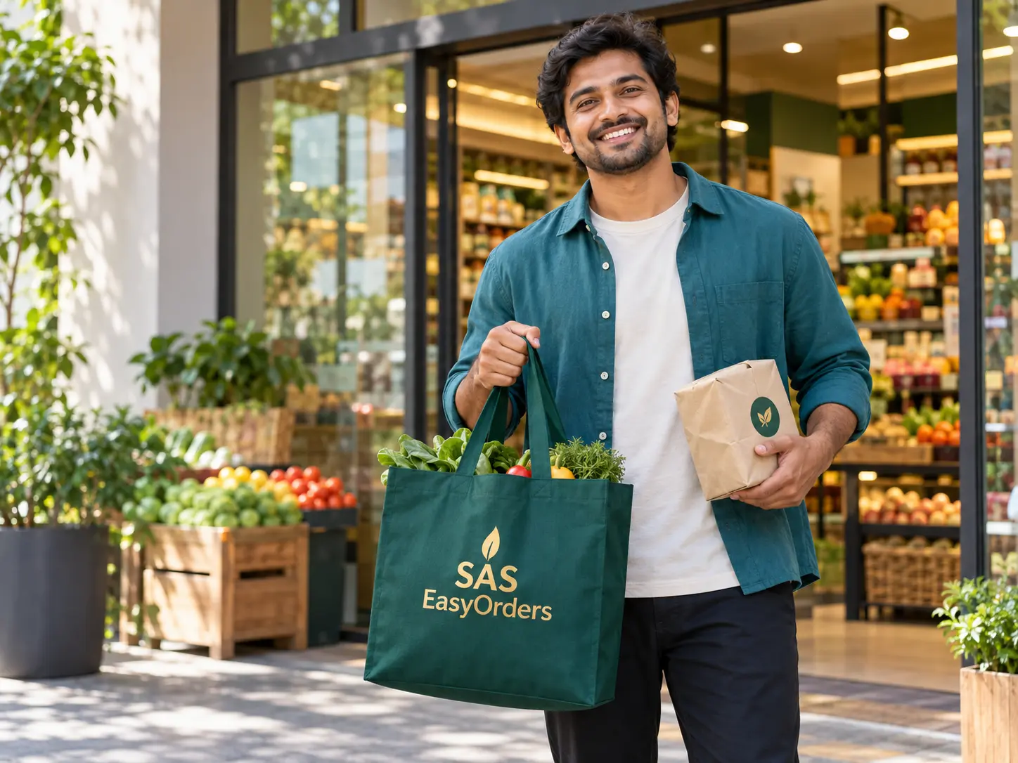 Fictional male customer holding a SAS EasyOrders shopping bag and collected order