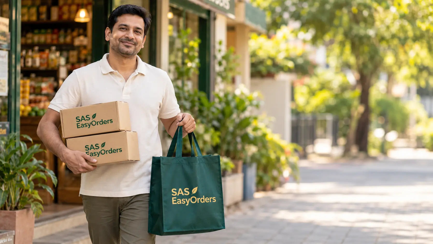 Fictional male customer holding SAS EasyOrders parcels and a branded shopping bag