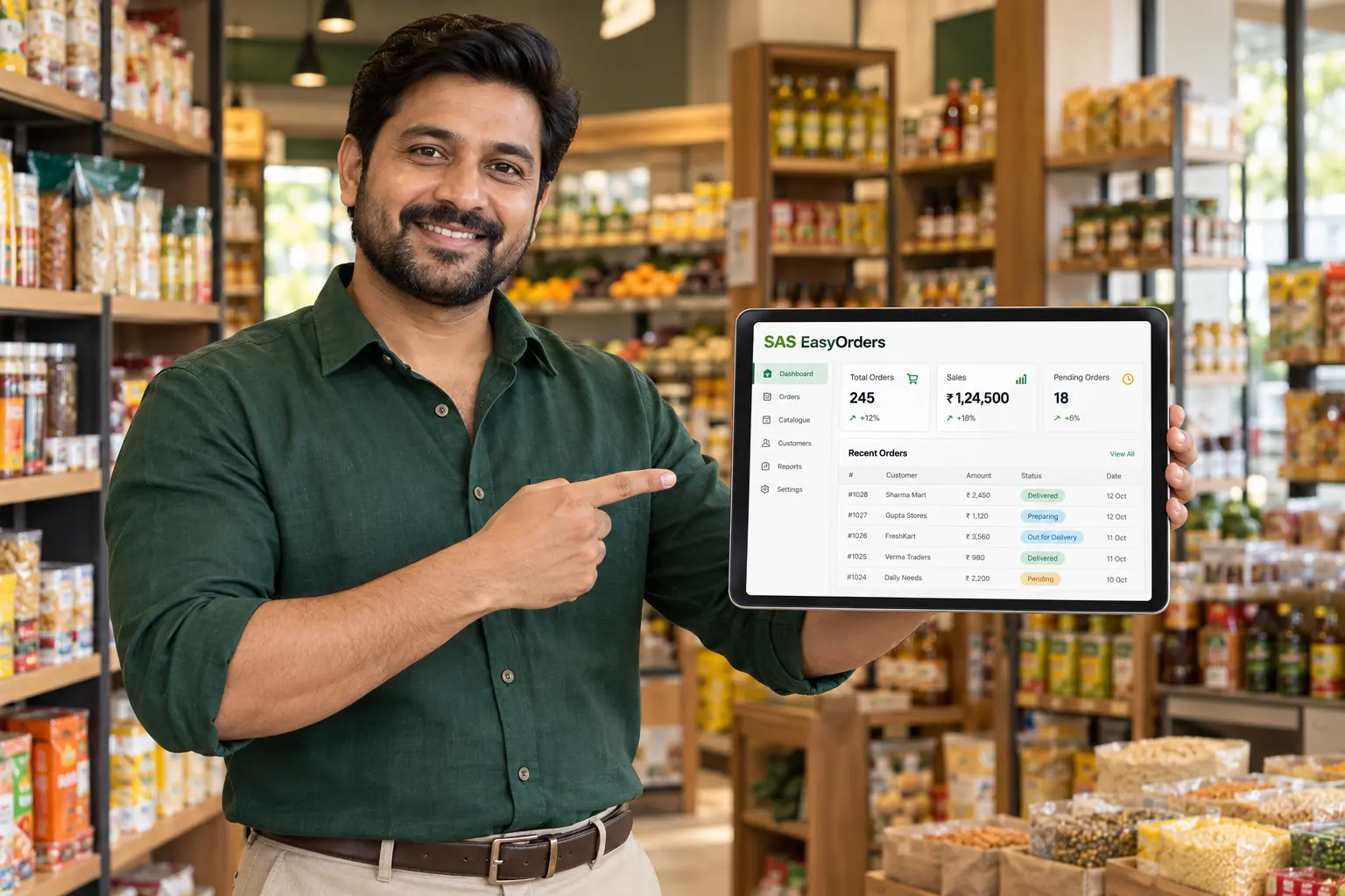 Fictional Indian merchant presenting the SAS EasyOrders dashboard on a tablet