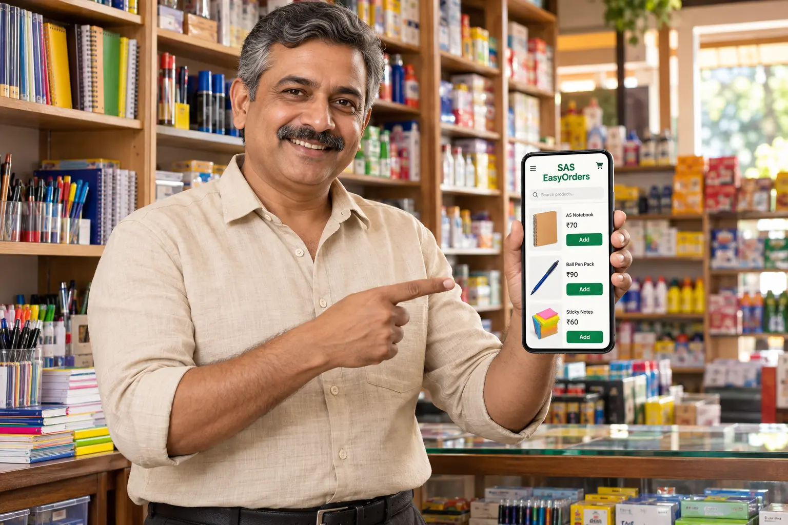 Fictional Indian merchant presenting a phone with the SAS EasyOrders storefront