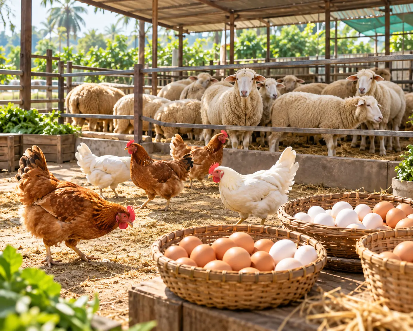 Sheep, chickens and eggs at an organised livestock and poultry business