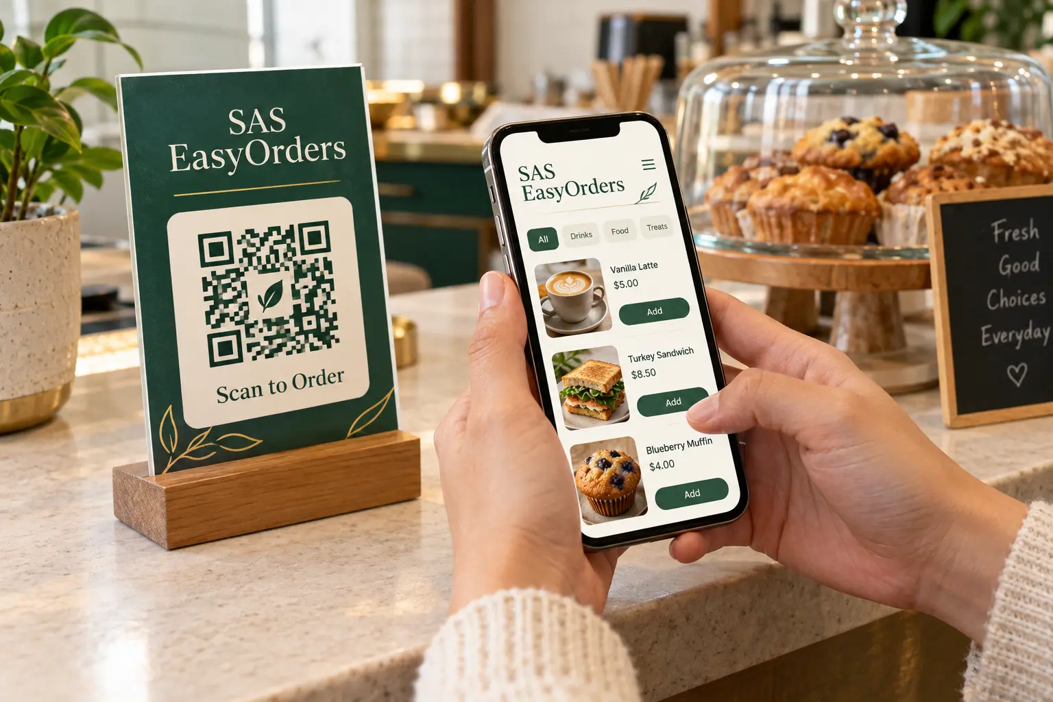 A real phone opening the same food shop on SAS EasyOrders