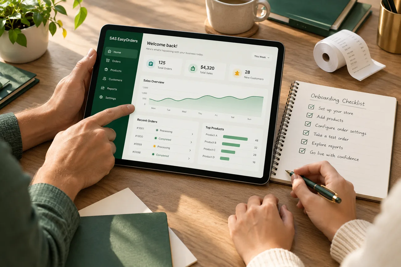 Hands using the SAS EasyOrders dashboard beside a guided onboarding checklist