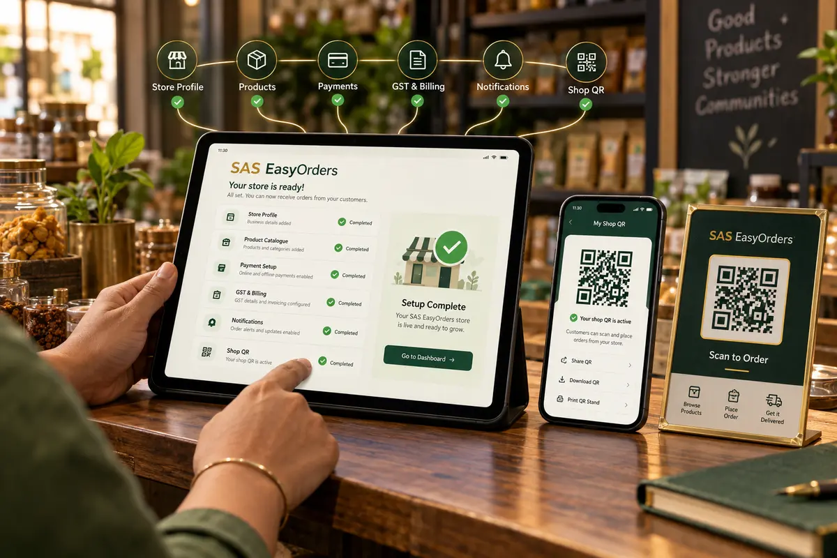 Connected tablet, phone and shop QR showing completed SAS EasyOrders setup