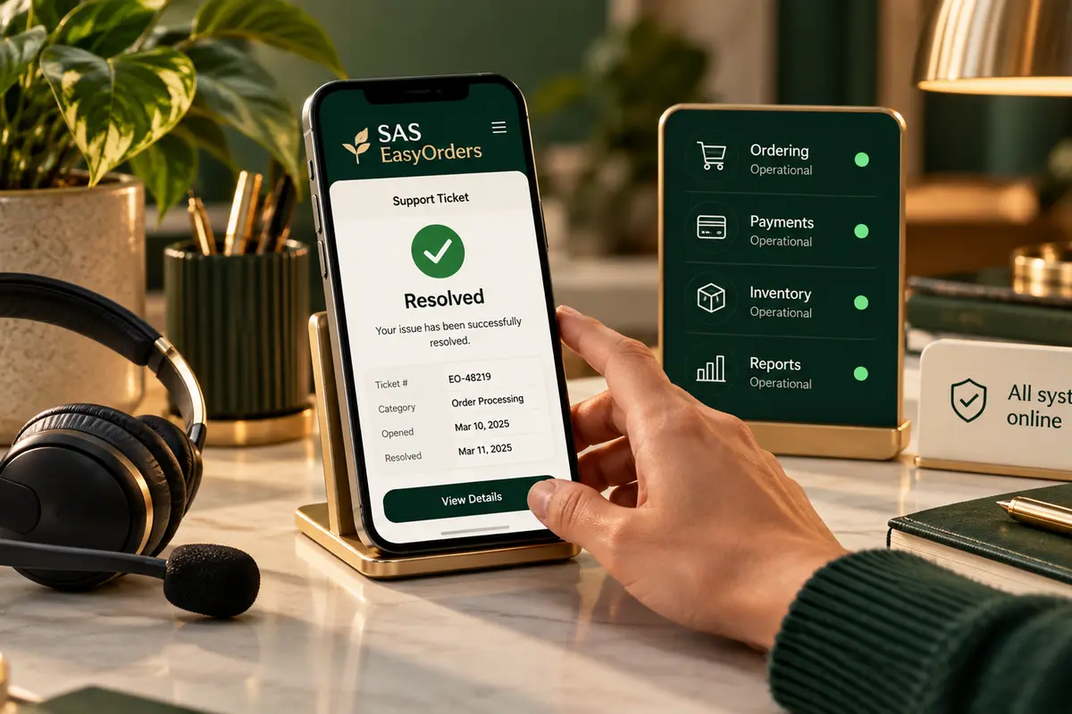 Resolved support ticket, service status panel and support headset